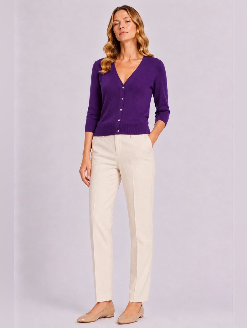 Talbots Size S Petite 100% Merino Purple V-Neck Button Cardigan